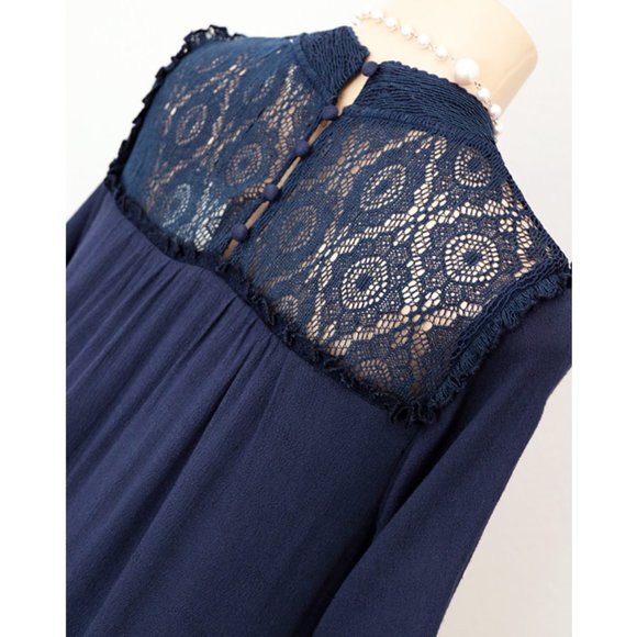 Navy Blue Boho Crochet Lace Mock Neck Shift Dress - Picture 3 of 10